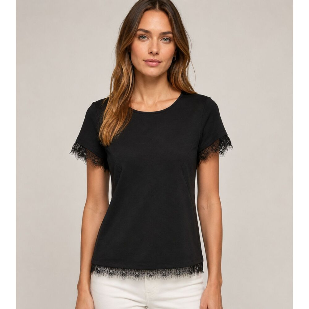 NWT Ann Taylor Black Eyelash Lace Trim Top Women's Medium Knit Blouse